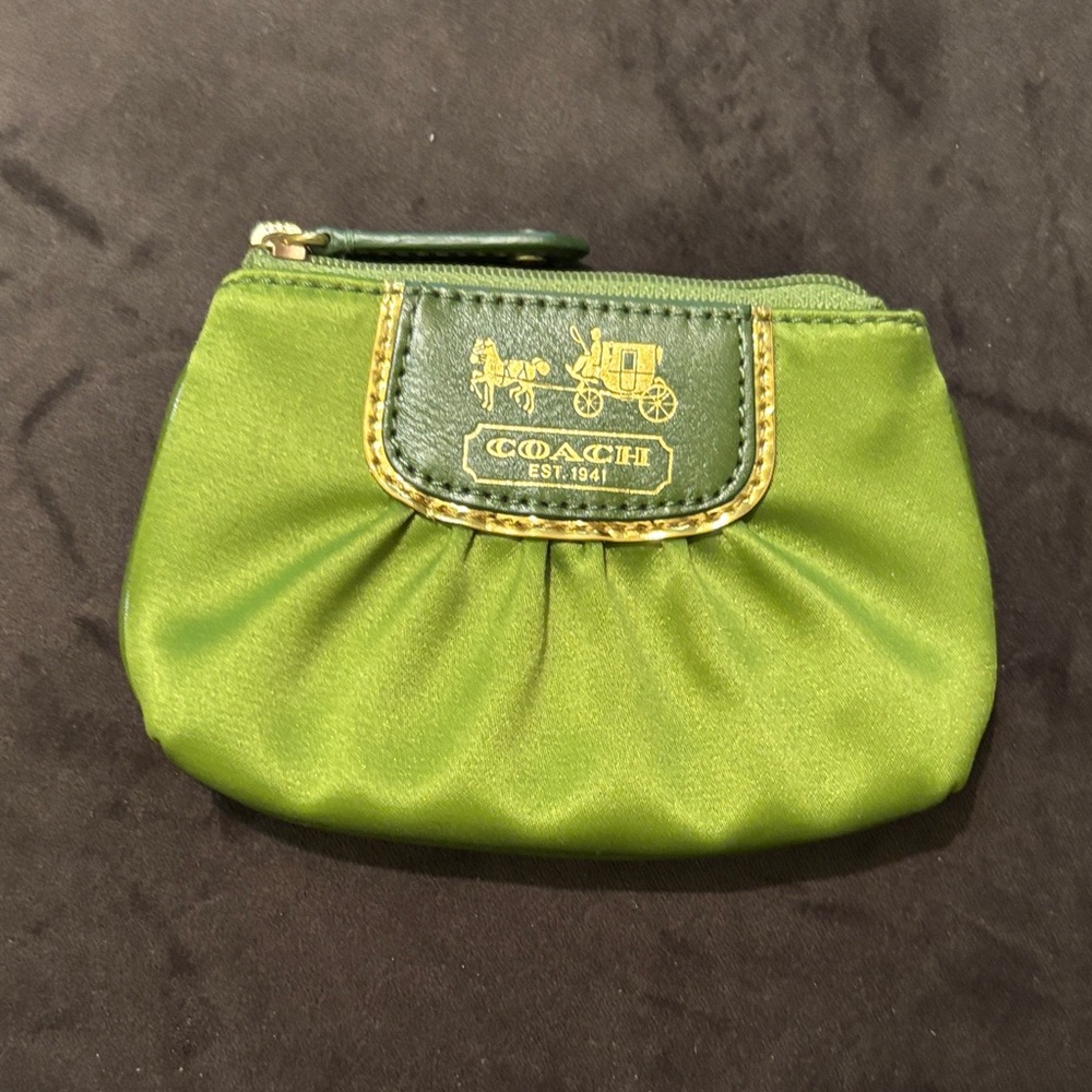 Coach Green Satin Coin Pouch with Gold Logo Plaque